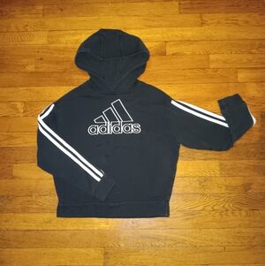 Black Adidas Hoodie with White Logo and Sleeve Stripes